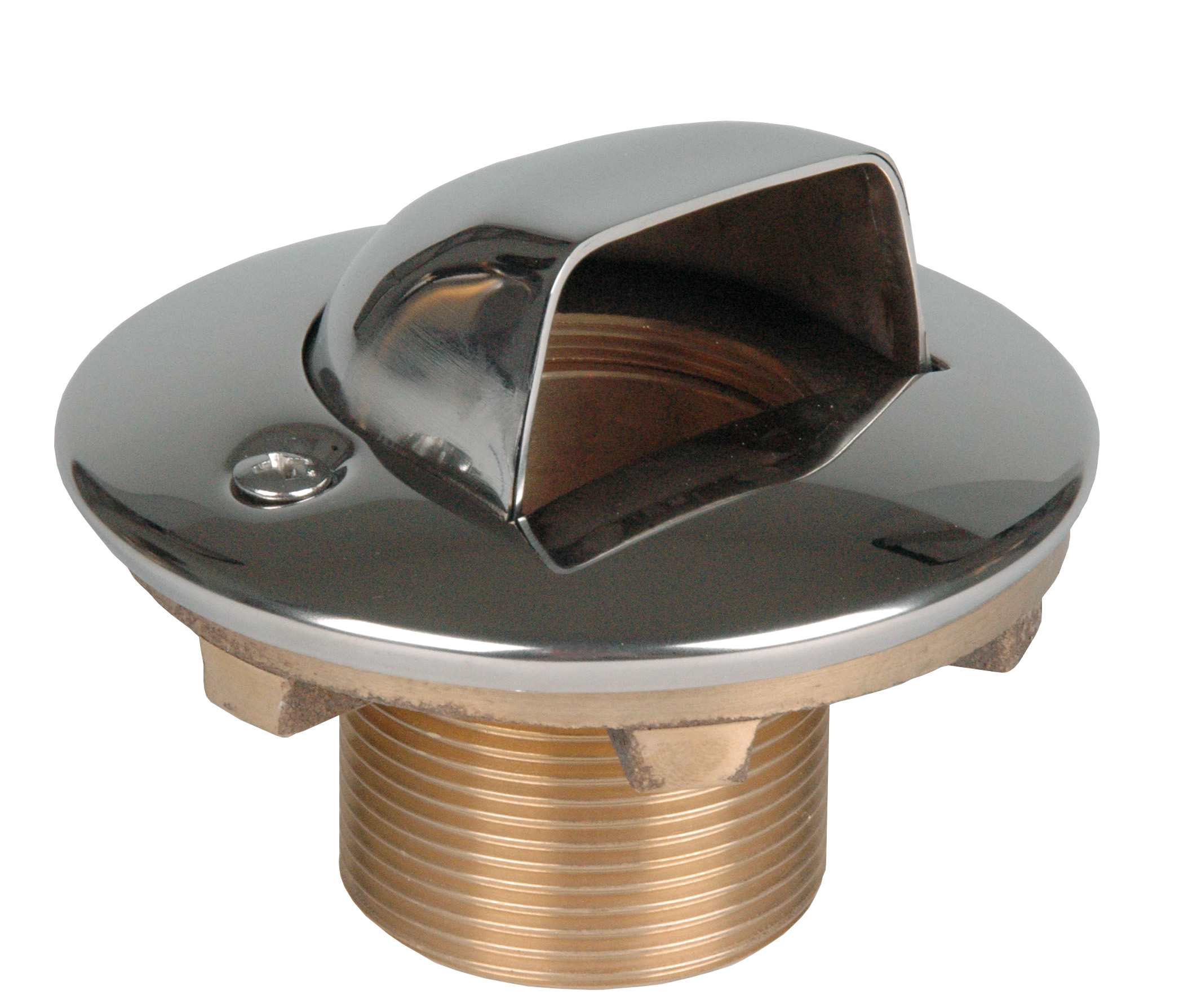 Detailansicht der Lahme Einlaufmuschel mit glänzender Chromoberfläche und Messinggewinde