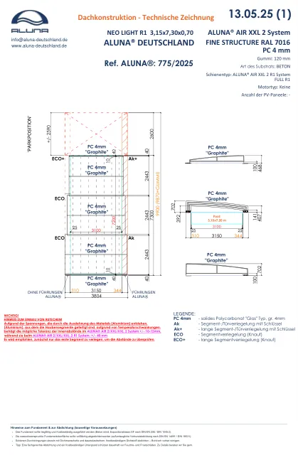 Aluna Neo Light R1 Flache Poolüberdachung 3,15 × 7,30 × 0,70 m – technische Zeichnung