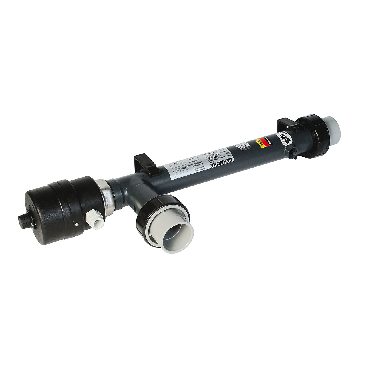 Behncke Elektrowärmetauscher EWT80 mit Anschlussstutzen und Beschriftung im Detail