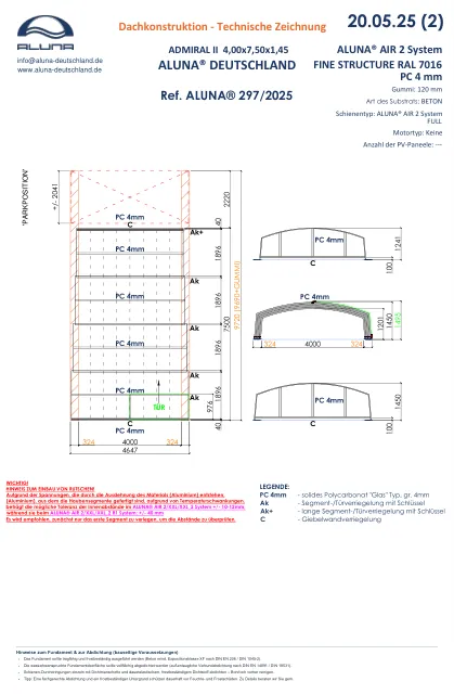 Aluna Admiral II Poolüberdachung 4,00 × 7,50 × 1,45 m – technische Zeichnung