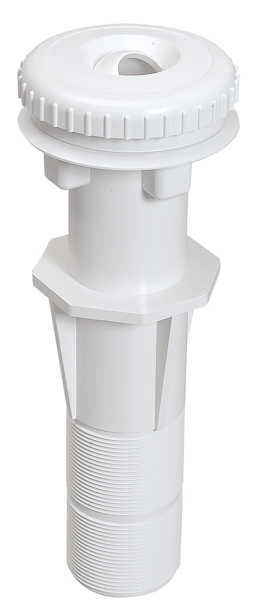 Weiße Aquareva Wanddurchführung mit Düsenkopf TP270, 250 mm, mit Gewinde und geriffelter Oberfläche
