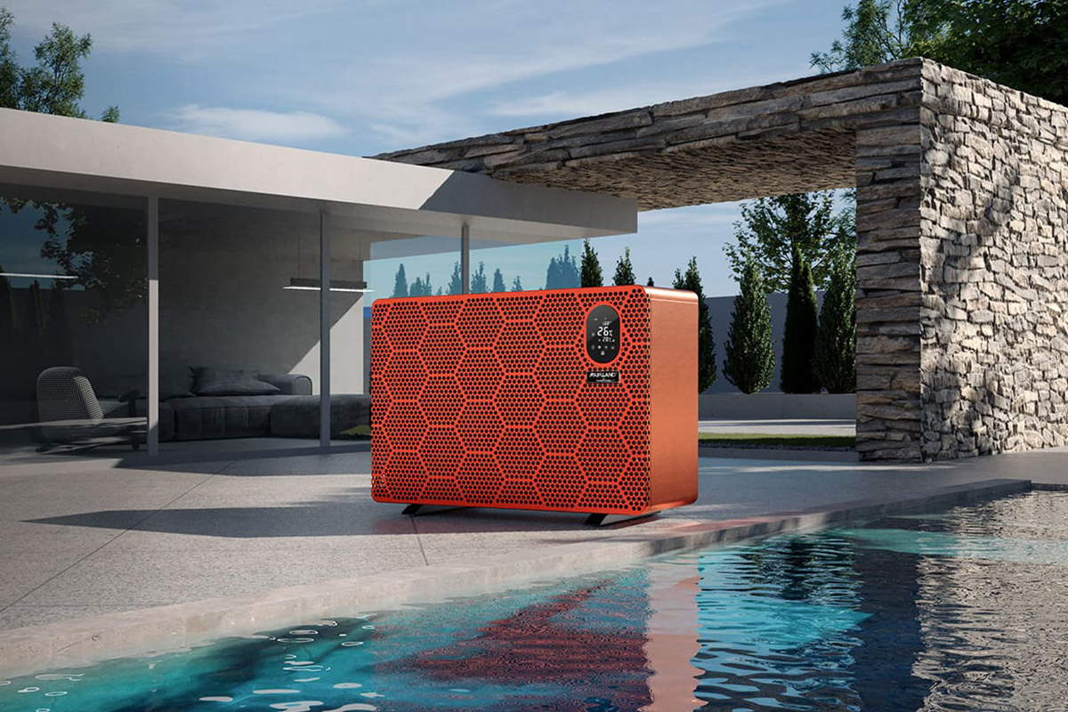 Fullinverter Poolwärmepumpe 40 kW Silent X20-40T am Beckenrand eines modernen Pools