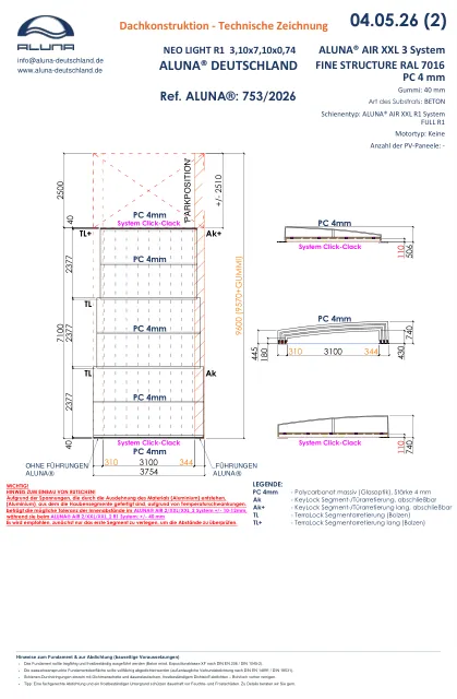Aluna Neo Light R1 Flache Poolüberdachung 3,10 × 7,10 × 0,74 m – technische Zeichnung