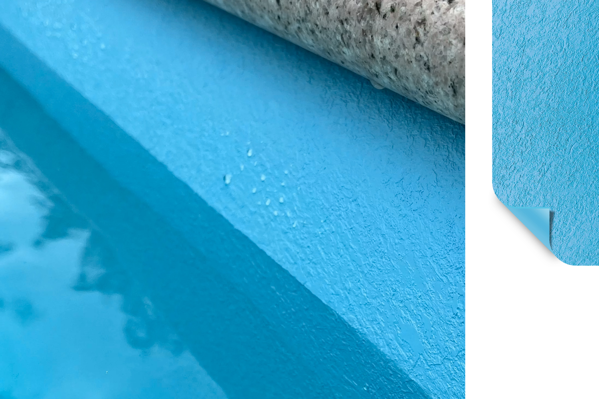 Pool mit blauer Poolfolie ELBE motion – Farbton Blue Sky Nahaufnahme einer hellblauen Schwimmbadfolie – ELBE motion Blue Sky mit 3D-Struktur