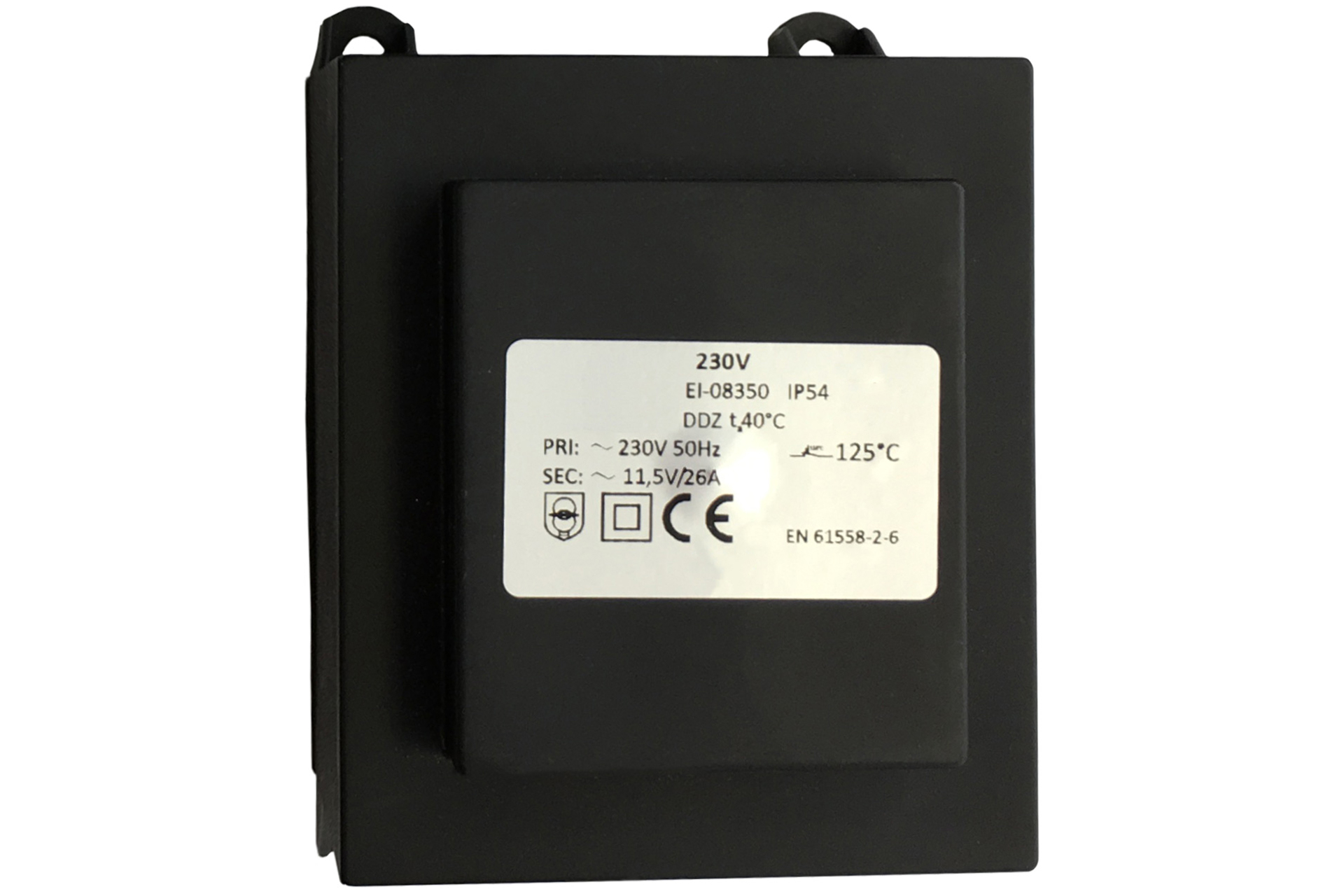 Brilix Sicherheits-Trenntrafo 11,5V 300VA mit weißem Produktetikett auf schwarzem Gehäuse