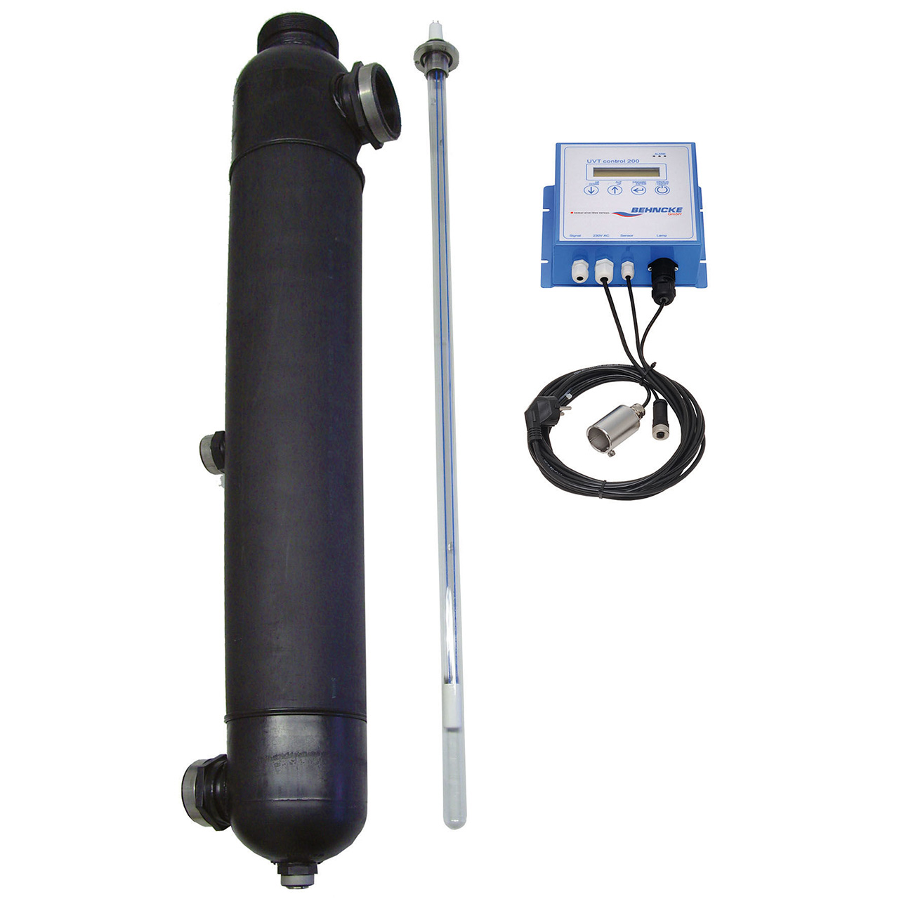 Einzelteile der UV Anlage Abox S Süßwasser: schwarzes Gehäuse, UV-Lampe, blaues Steuergerät und Kabel