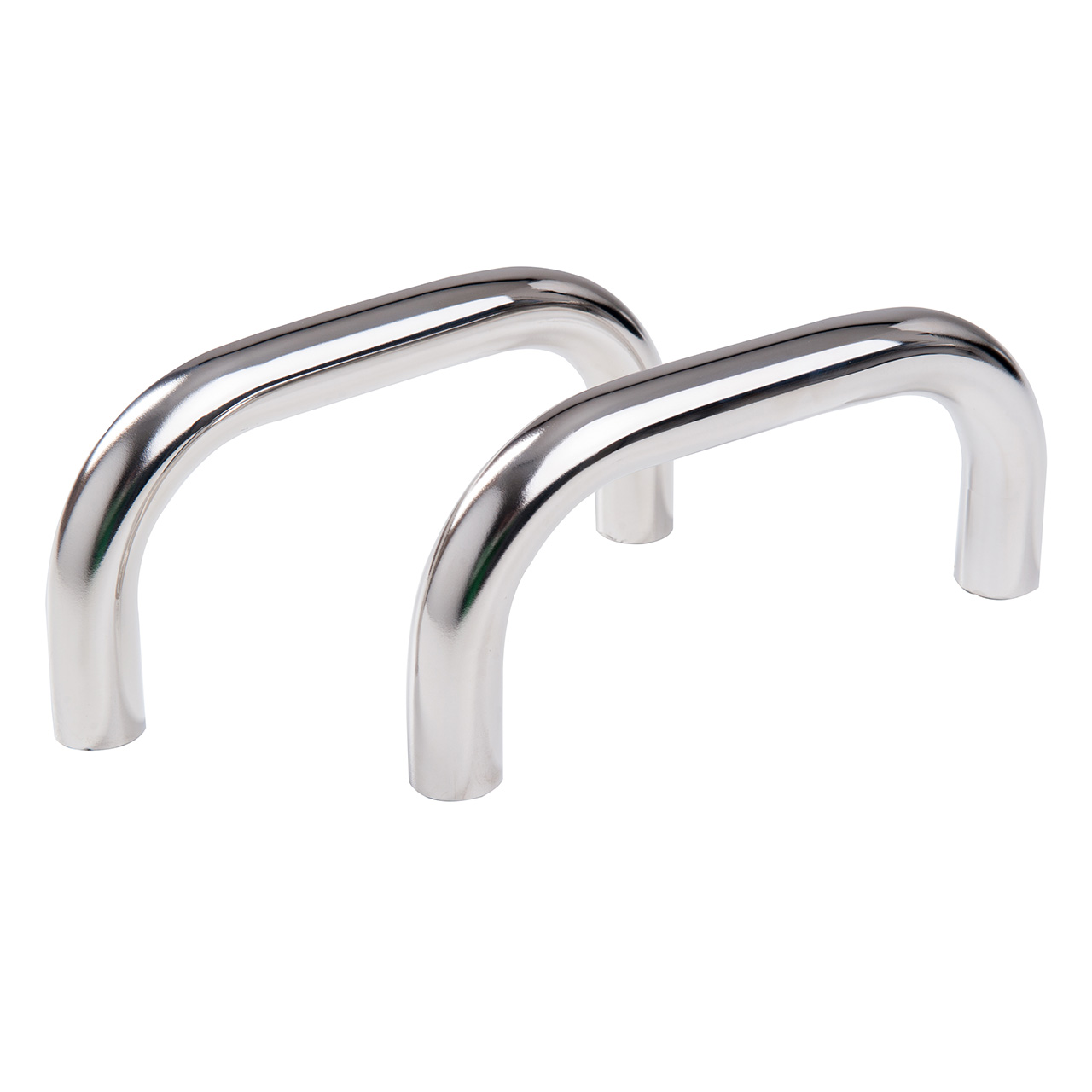 Zwei glänzende, eckige Lahme Junior Taifun V4A Haltegriffe aus Edelstahl, nebeneinander liegend