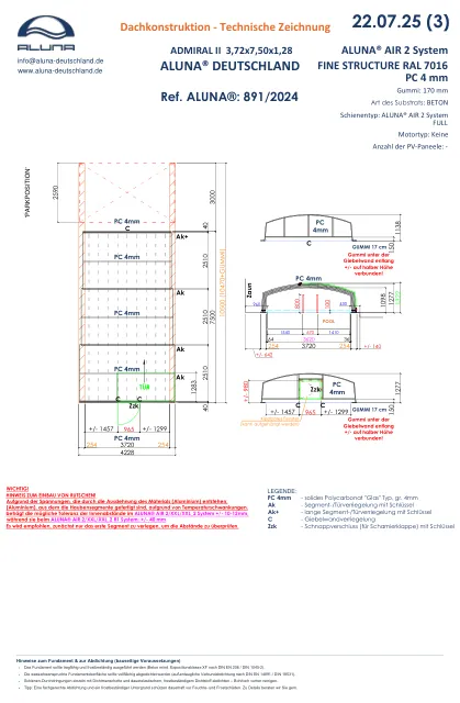 Aluna Admiral II Poolüberdachung 3,72 × 7,50 × 1,28 m – technische Zeichnung