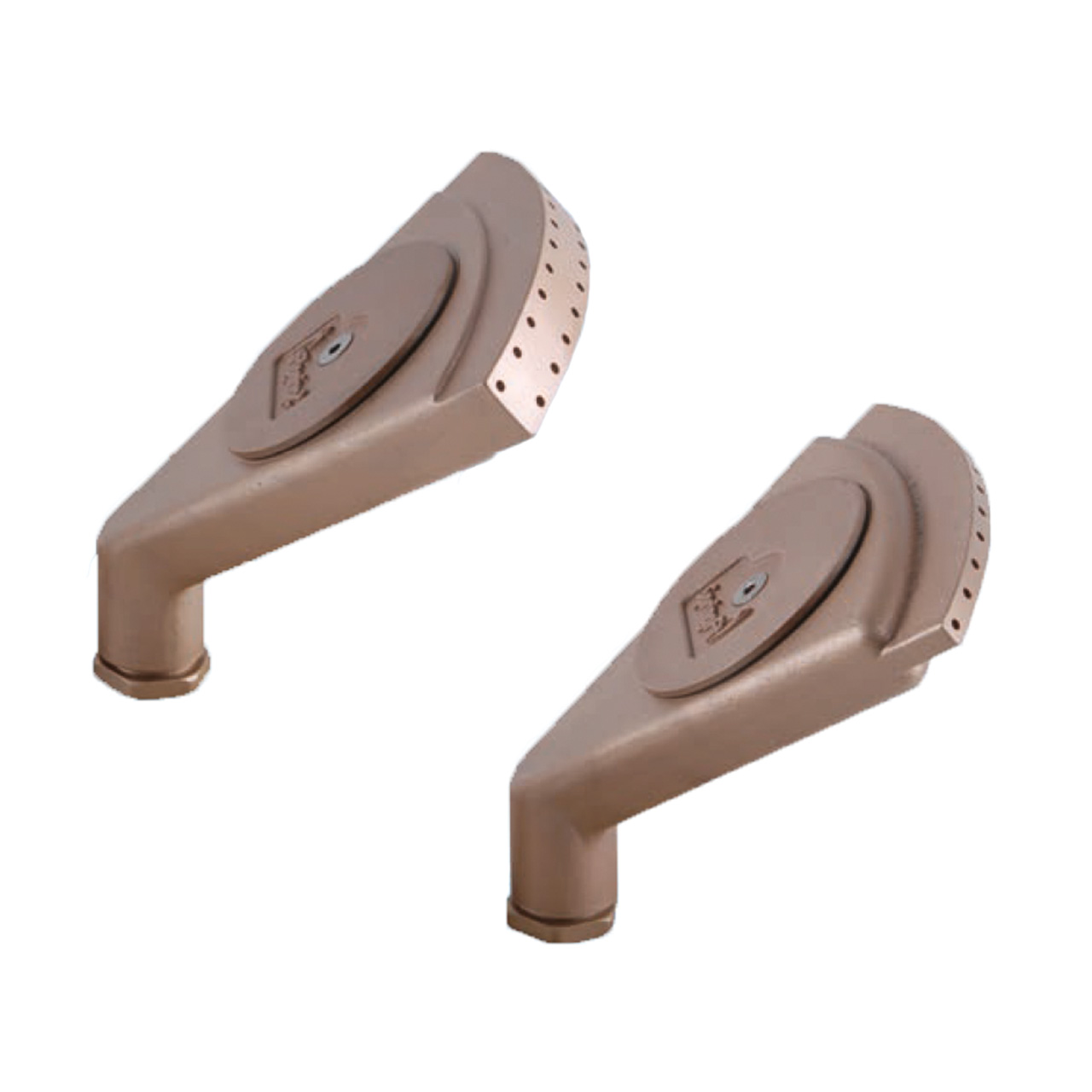 Zwei Lahme SpringFit Fingerstrahldüsen 25 - 4 aus braunem Kunststoff, schräg von oben fotografiert