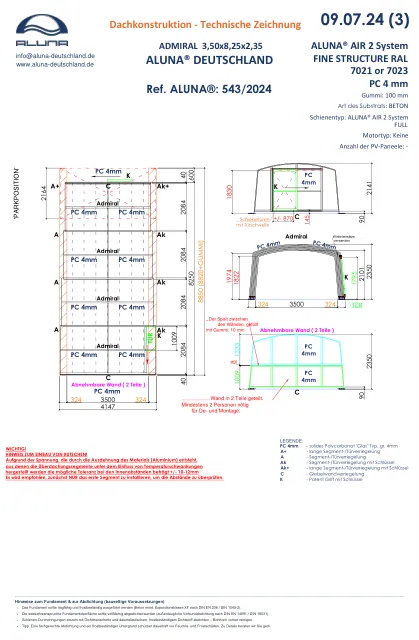 Aluna Admiral Poolhalle 3,50 × 8,25 × 2,35 m – technische Zeichnung