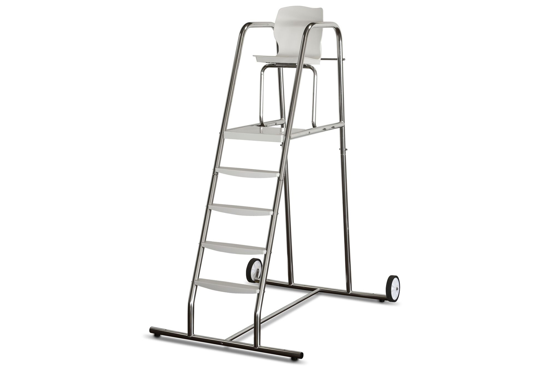 Rettungsschwimmersitz Hochsitz aus Edelstahl mit weißen Stufen, Sitz und Rollen für einfache Bewegung.