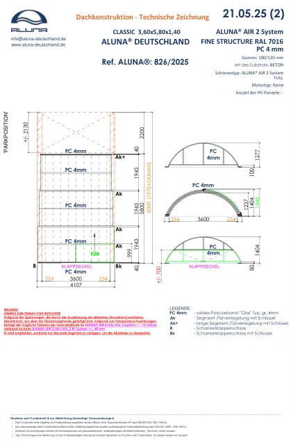 Aluna Classic Poolüberdachung 3,60 × 5,80 × 1,40 m – technische Zeichnung