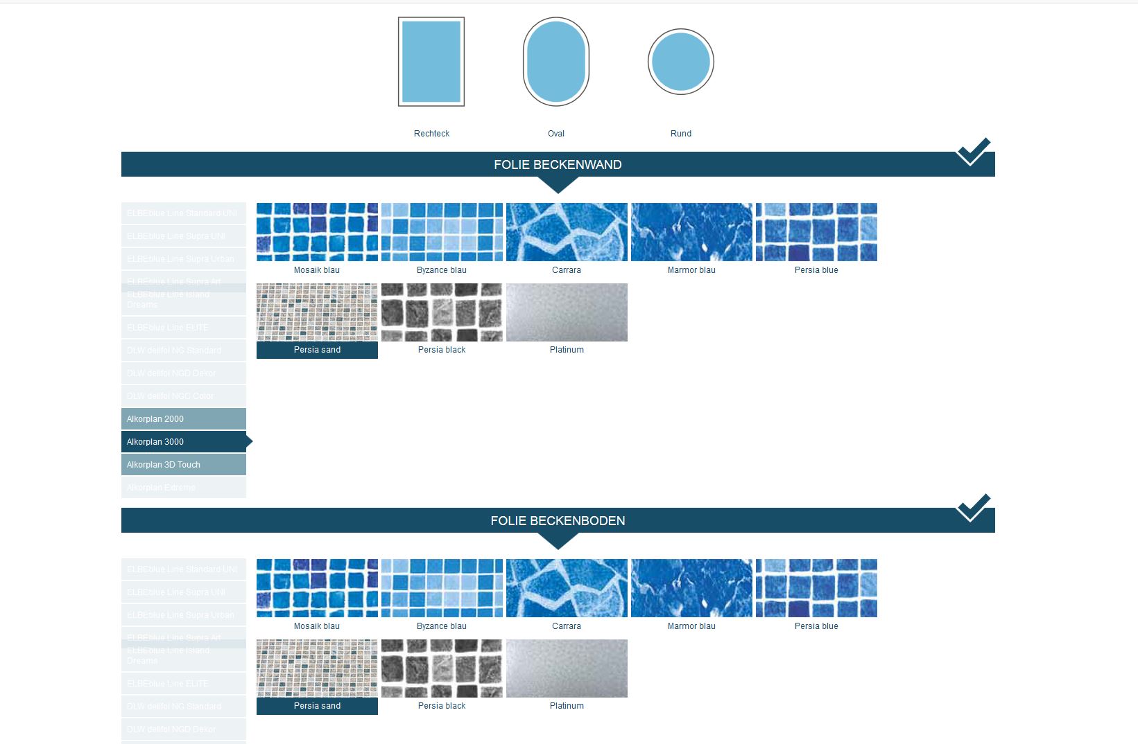 Auswahlmöglichkeiten für Einhängefolien: Beckenformen, Folienmuster und -farben für Wand und Boden.