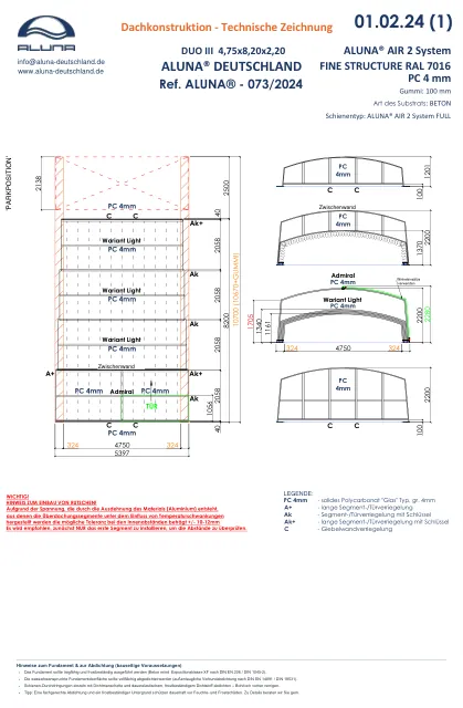 Aluna Duo III Poolhalle 4,75 × 8,20 × 2,20 m – technische Zeichnung