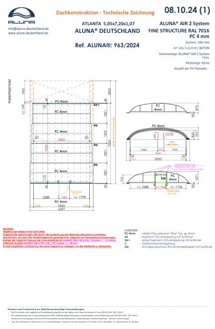 Aluna Atlanta Poolüberdachung 5,05 × 7,20 × 1,07 m – technische Zeichnung