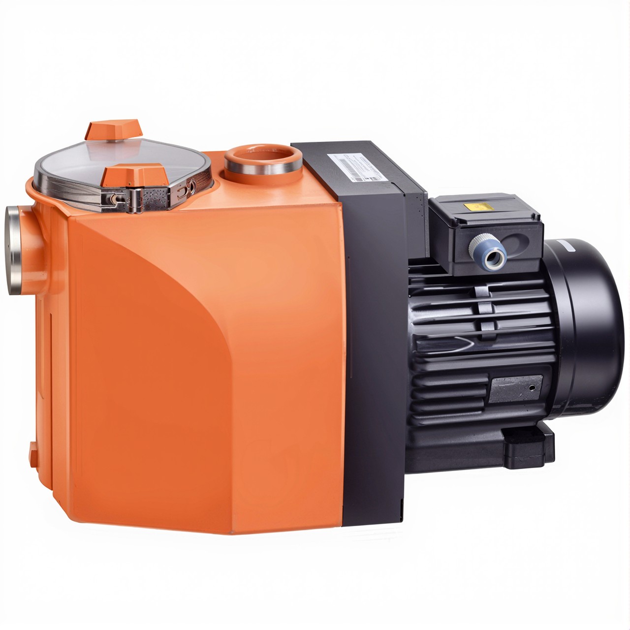 Orange-schwarze Speck Filterpumpe BADU 40 mit transparentem Deckel und seitlichem Anschluss.