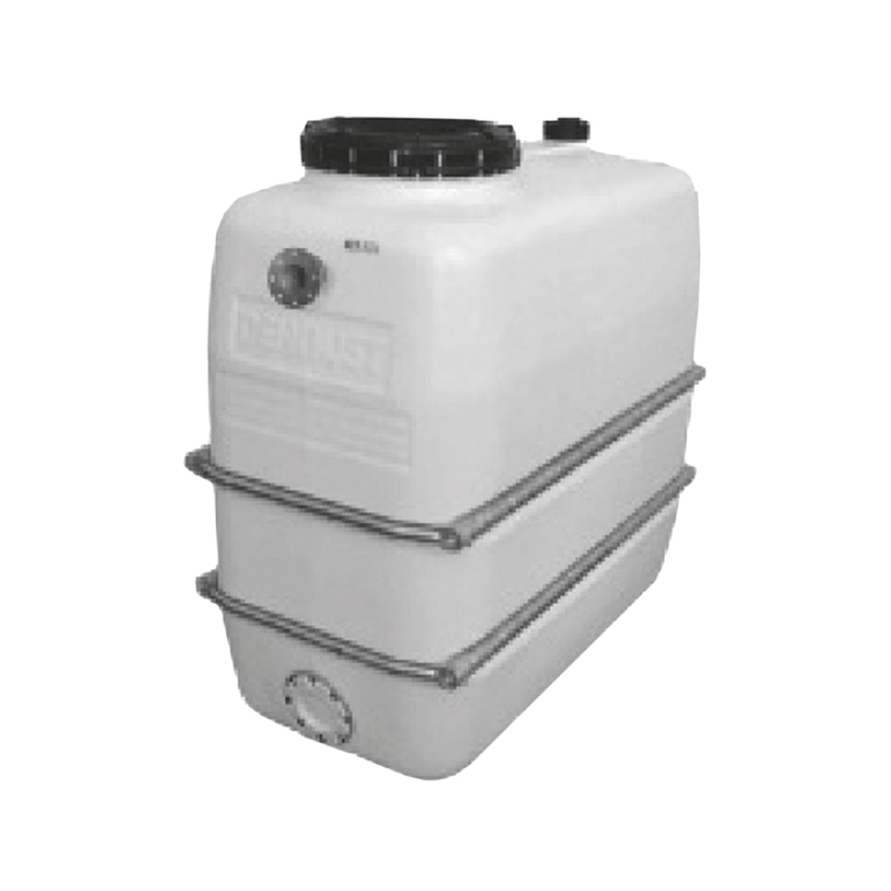 Weißer Überlaufsammelbehälter mit schwarzem Deckel und zwei Metallbändern