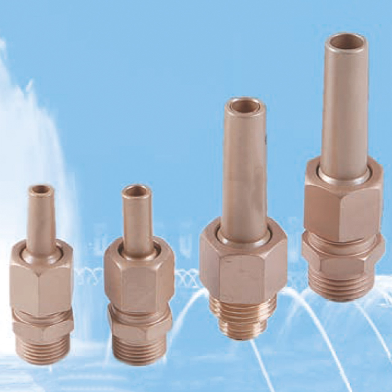 Vier Lahme SpringFit Kometdüsen in verschiedenen Größen, von klein bis groß, auf blauem Hintergrund.