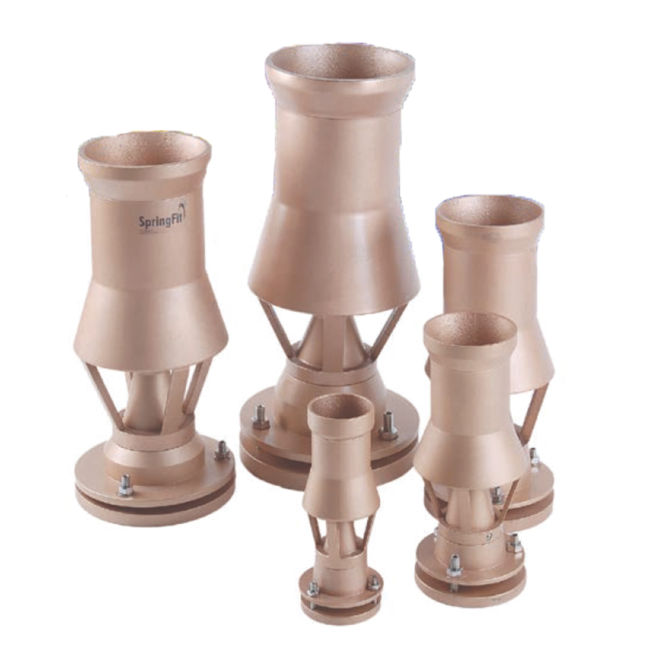 Fünf SpringFit Geysire in verschiedenen Größen, mit breiter Basis und schmaler Öffnung