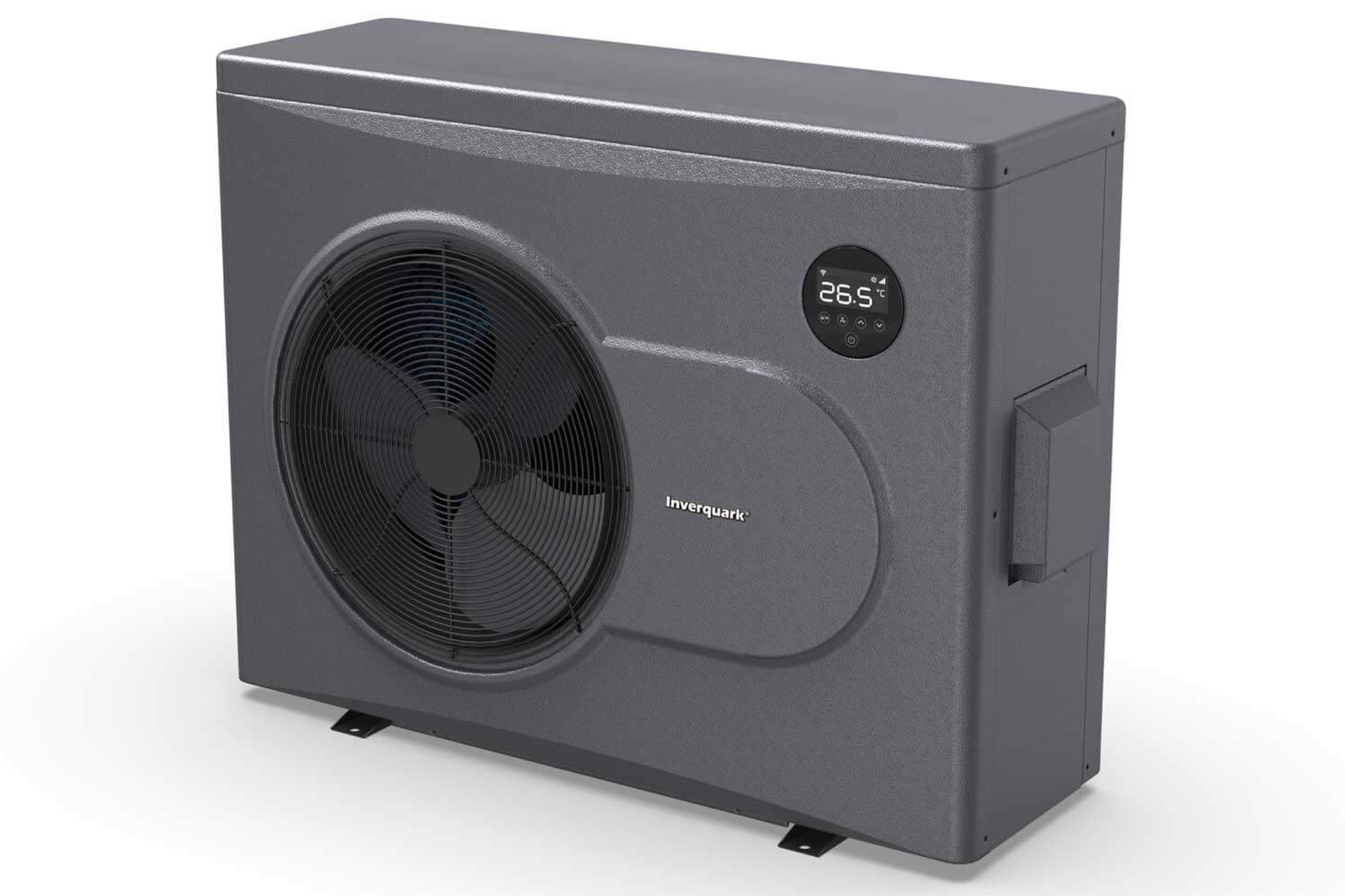 Inverquark Dr. Smart Poolwärmepumpe in Grau mit Display und Lüfter im Detail
