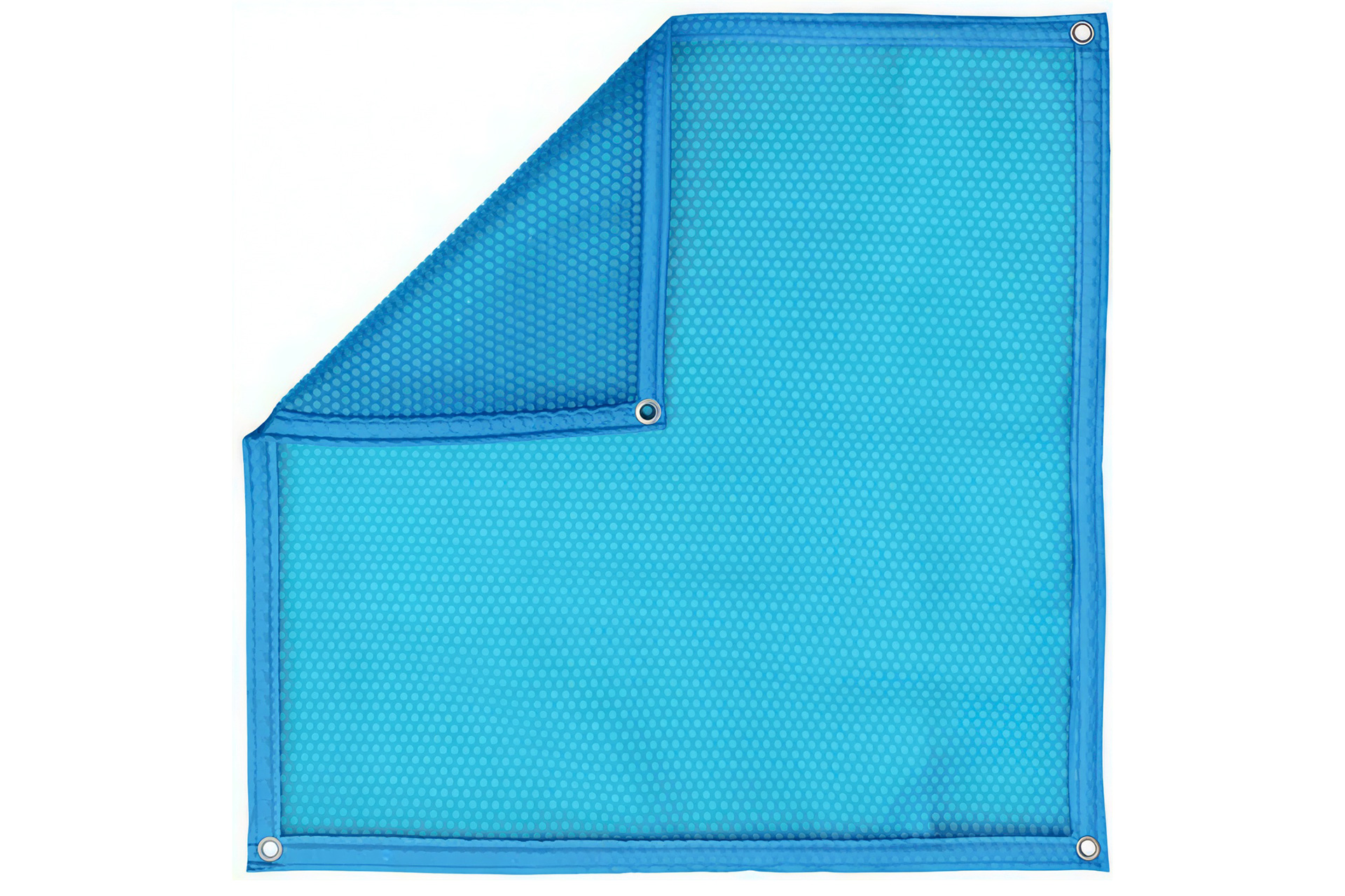 Blaue Pool Solarfolie mit Luftpolstern und Ösen, teilweise umgeschlagen, auf weißem Hintergrund
