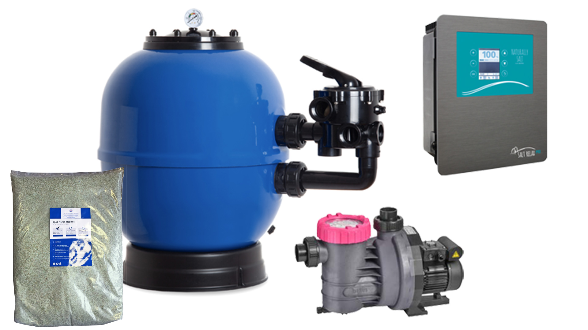 Filtertechnikset Salz mit blauem Sandfilter, Filterpumpe, Salzelektrolyse und Filtersand