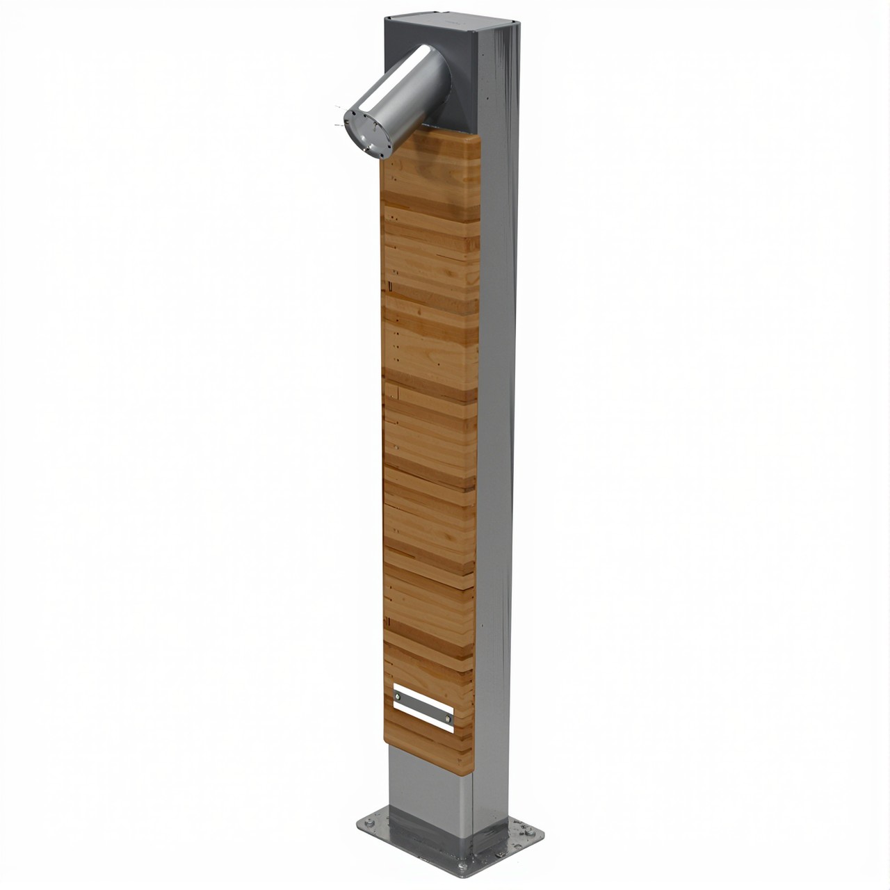 Pluvium Jet-Düse als Säule mit Holzdesign und schrägem Edelstahl-Wasserauslauf zur Bodenmontage.