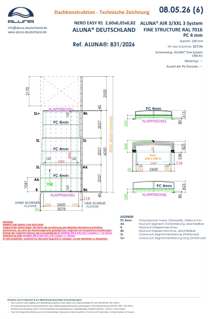 Aluna Nero Easy R1 Flache Poolüberdachung 2,60 × 6,05 × 0,82 m – technische Zeichnung