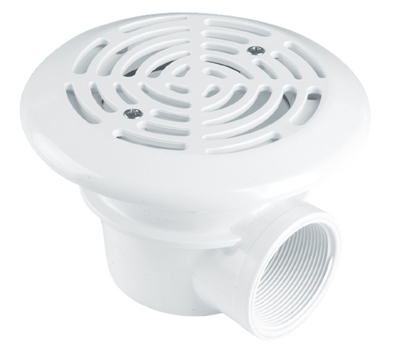 Mini Bodenablauf aus weißem ABS, rund mit Gitterabdeckung und seitlichem Anschluss, Durchmesser 175 mm