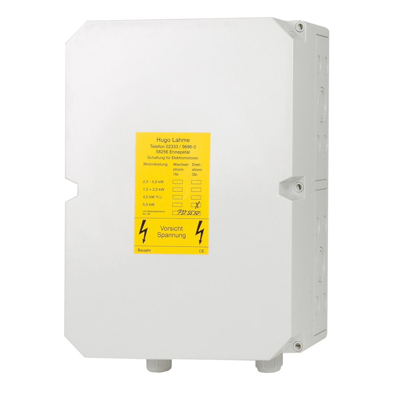 Detailansicht des Lahme FitStar Schaltkastens 0,5 / 0,9 kW 230 V mit gelbem Warnhinweis.