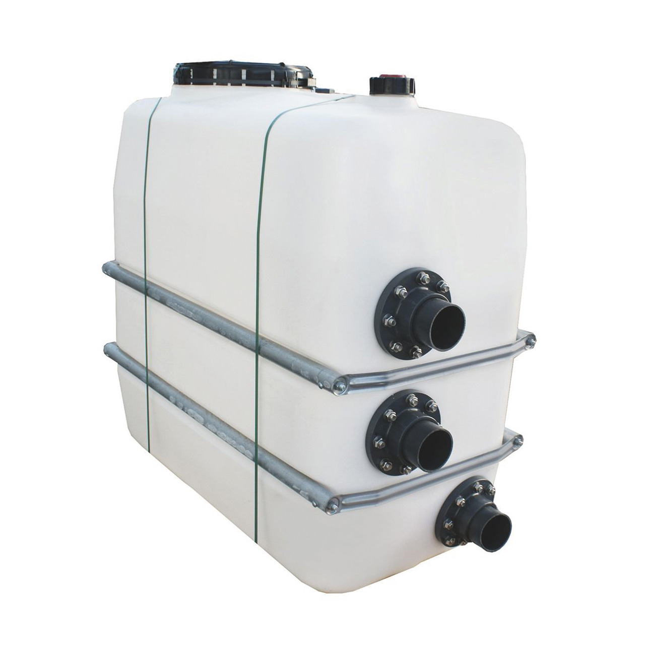 Detailansicht des weißen Behncke Wasserspeichers mit drei seitlichen Anschlüssen und Metallstreben.