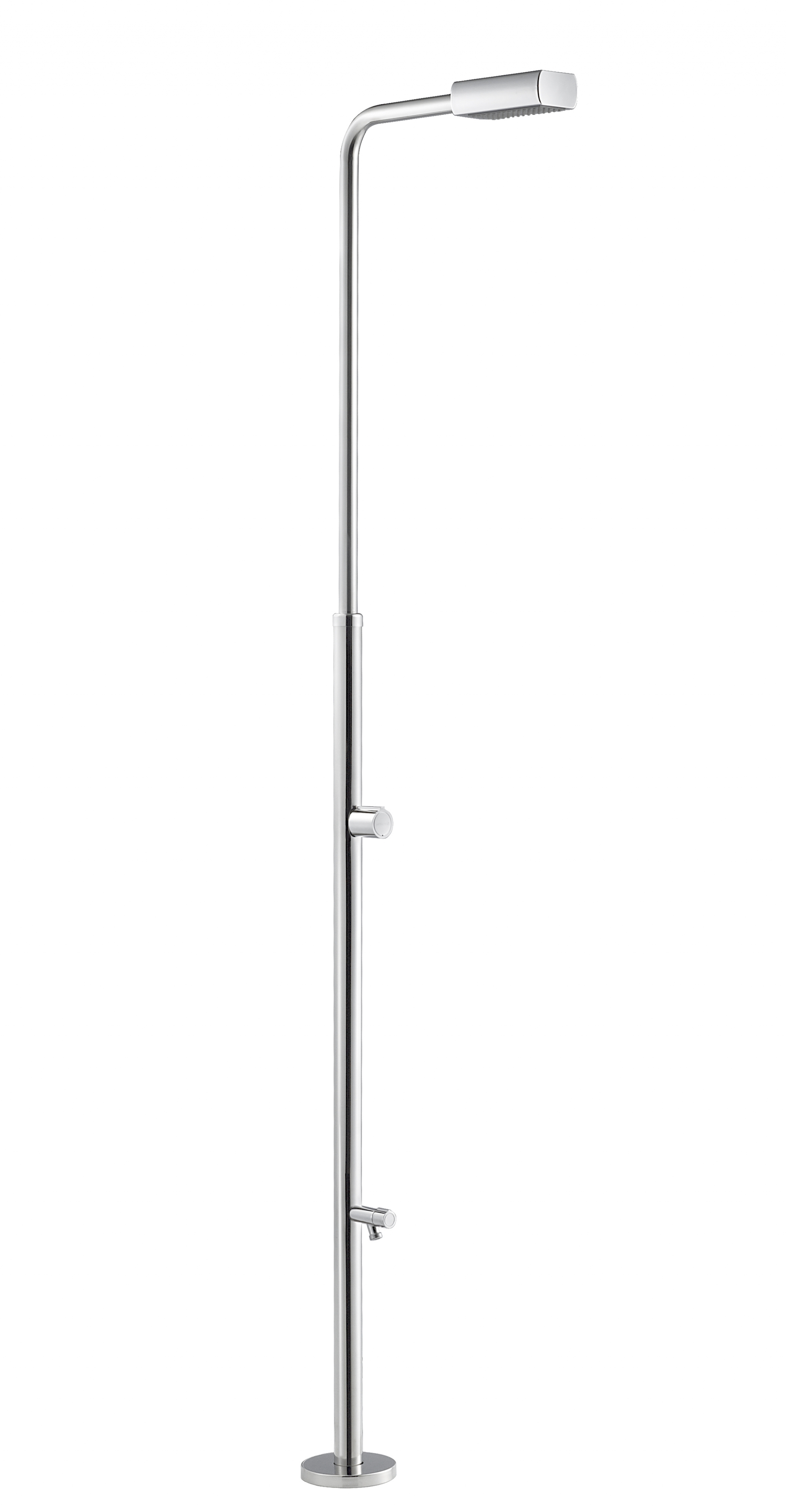 Kaltwasserdusche Angel mit rechteckigem Duschkopf und separater Fußbrause, glänzend verchromt.