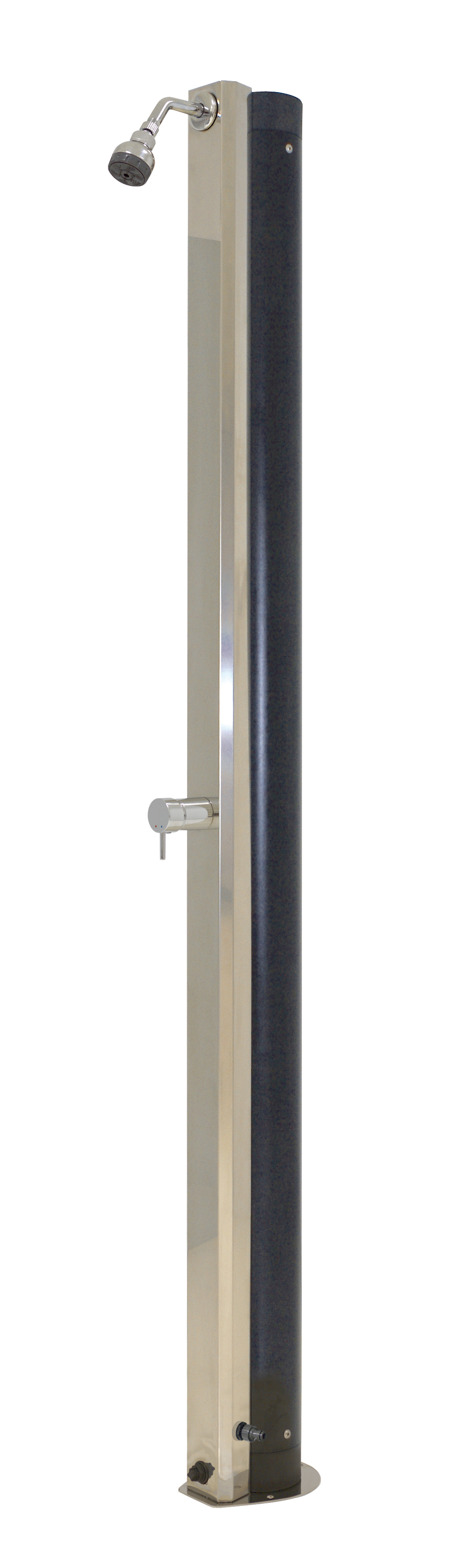 Solardusche Eco 30l mit schwarzem Solartank, Edelstahlfront, Duschkopf und Einhebelmischer.