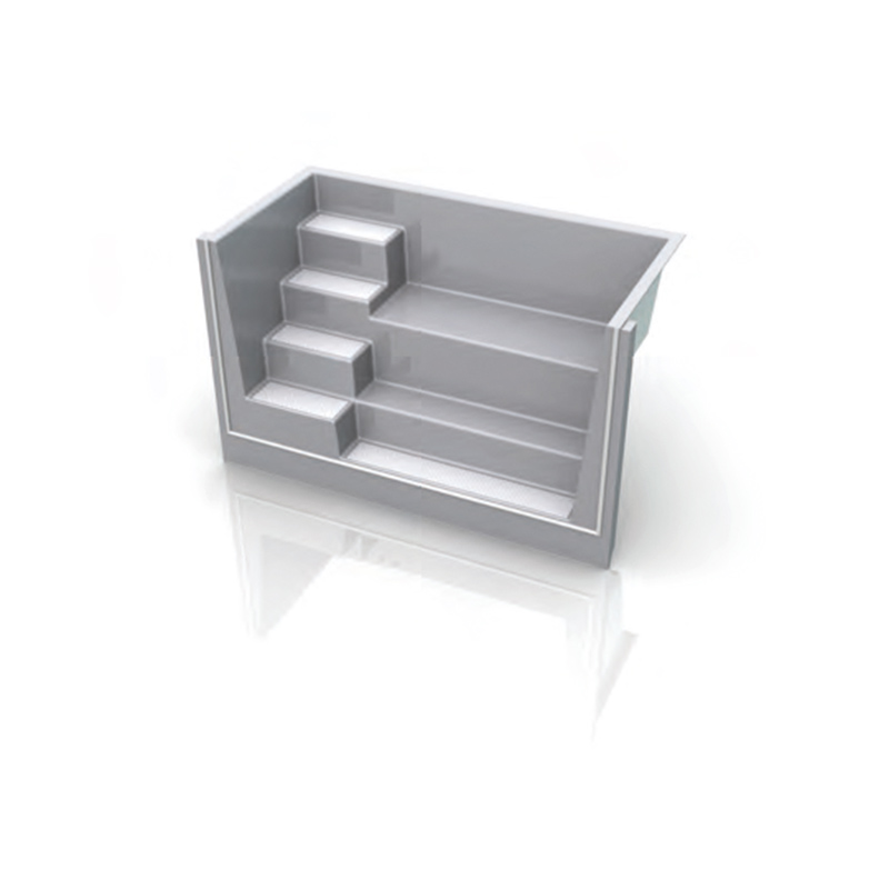 Graue GFK Rechtecktreppe Kanto 250 mit vier Stufen und integrierter Sitzbank für den Pool