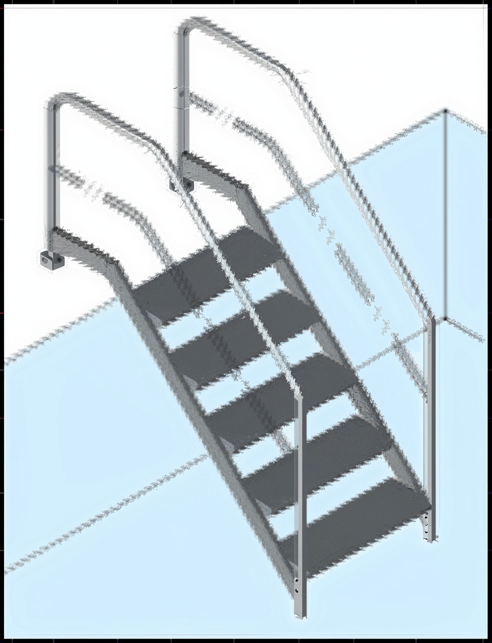 Technische Zeichnung der 5-stufigen Pooltreppe Modell 13 mit 650 mm Breite und beidseitigem Handlauf.