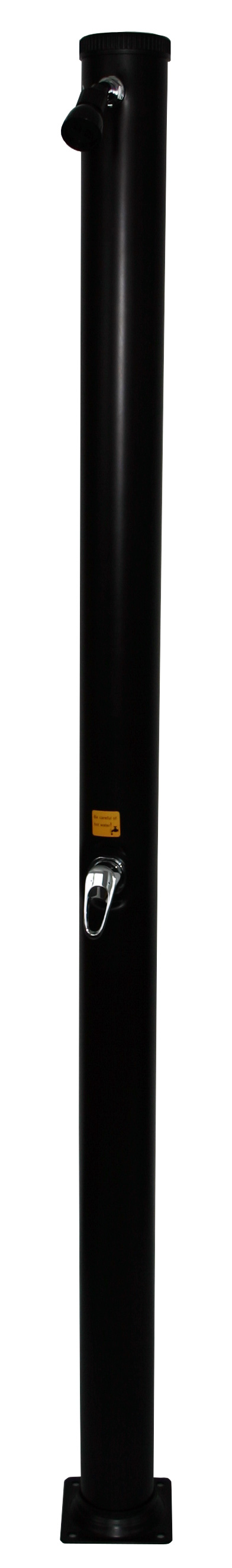 Schwarze Solardusche BASIC 20l mit Duschkopf, chromfarbener Mischbatterie und stabilem Standfuß.