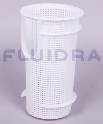 Weißer Siebkorb aus Kunststoff für Astral Sena Pumpen, mit feinen Löchern und seitlichem Griff.