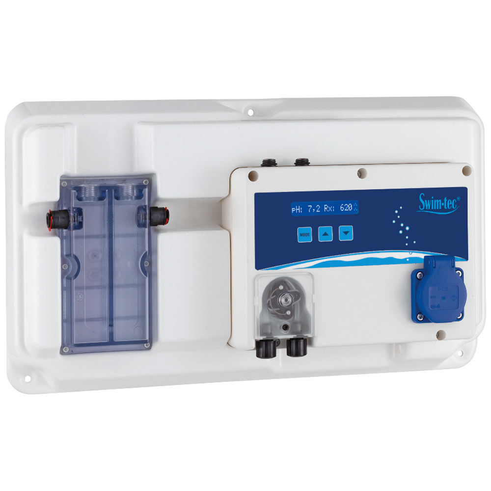 Detailansicht der DOS pH-Rx Basic Exact S Steuerung mit beleuchtetem Display (pH 7.2, Rx 620