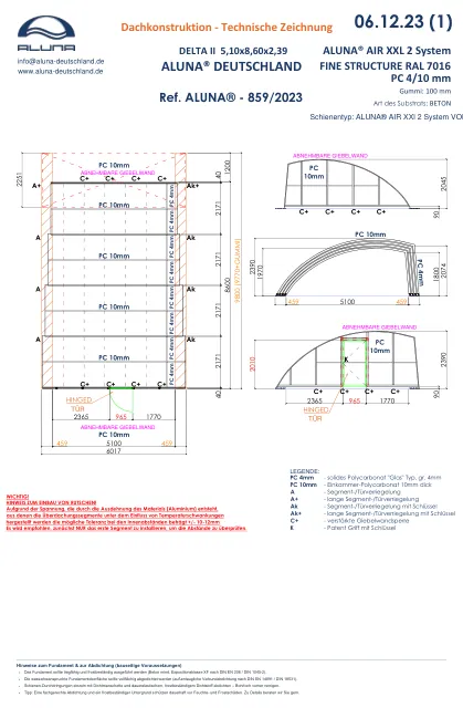 Aluna Delta II Poolhalle 5,10 × 8,60 × 2,39 m – technische Zeichnung
