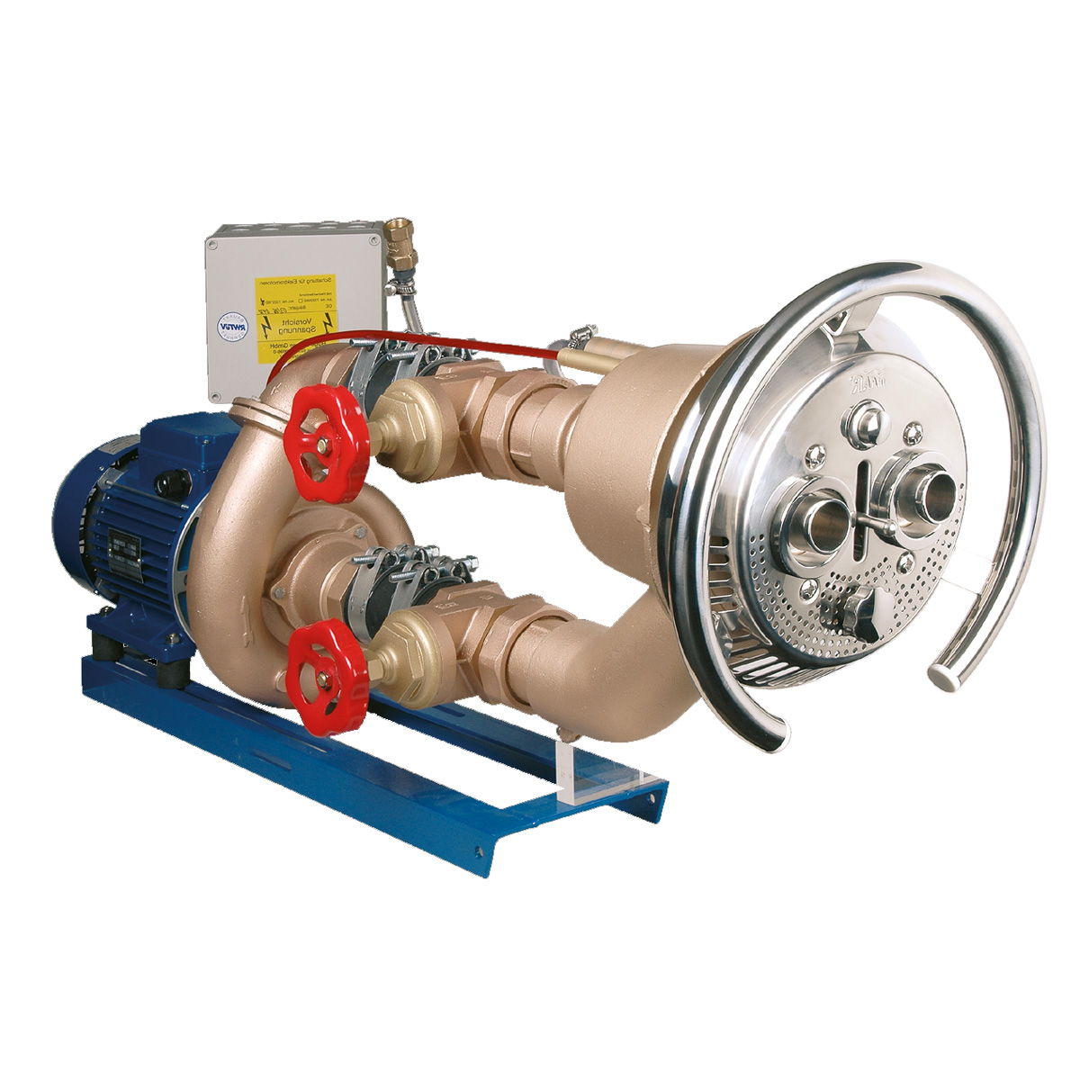 Lahme Taifun Duo Gegenschwimmanlage Anschlusssatz mit blauem Motor, bronze Pumpen und Edelstahl-Düse.