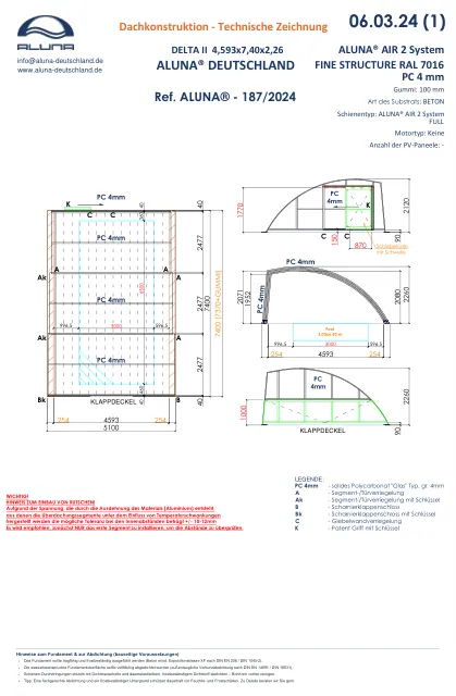 Aluna Delta II Poolhalle 4,593 × 7,40 × 2,26 m – technische Zeichnung