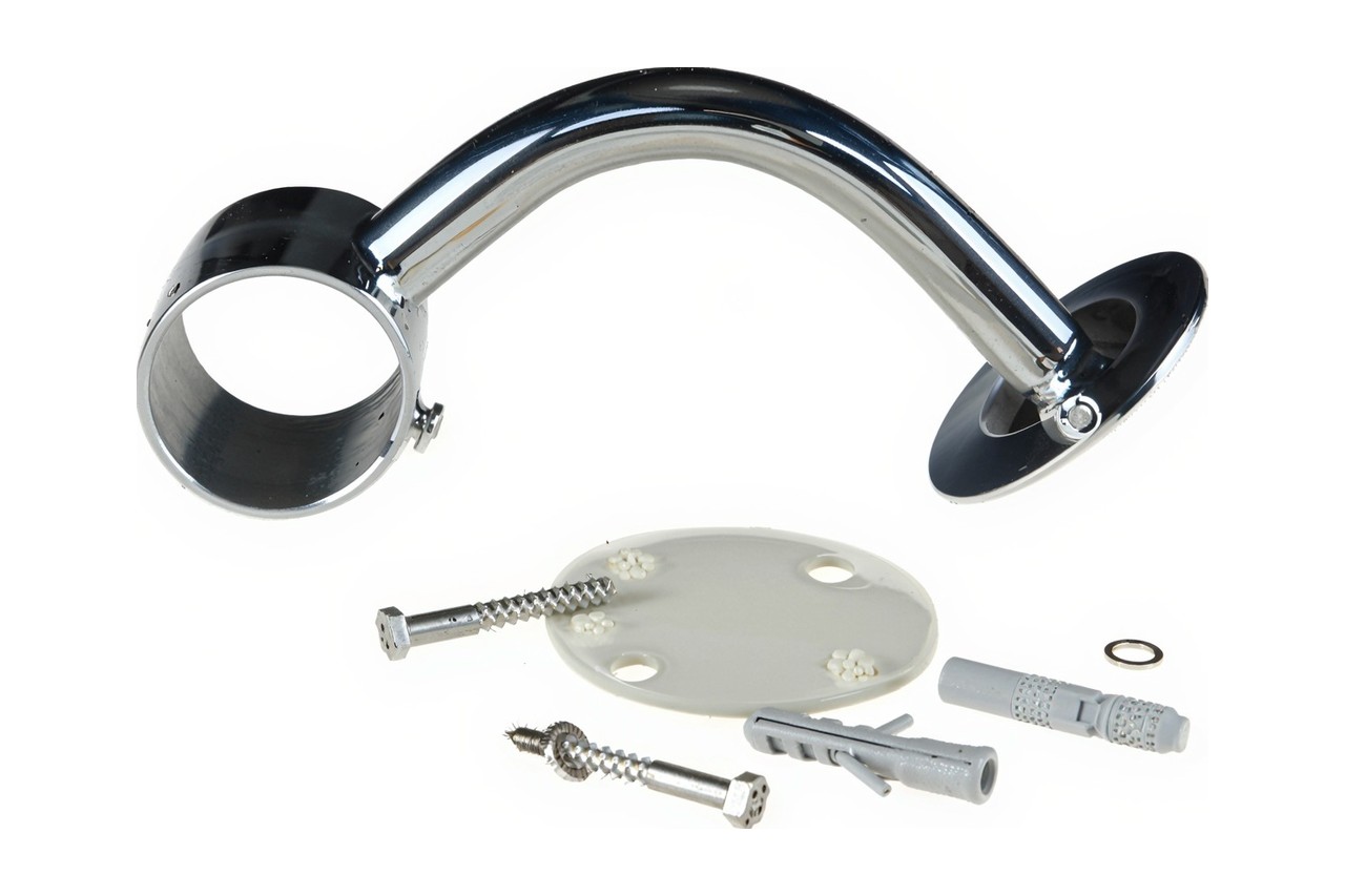Gebogener Wandhalter aus glänzendem Metall für Haltestangensystem, mit Schrauben und Dübeln.