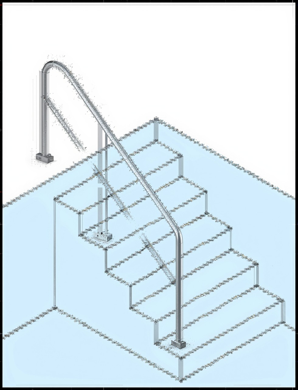 Technische Zeichnung eines Edelstahl-Treppenhandlaufs für den Pool, montiert an einer 5-stufigen Treppe.
