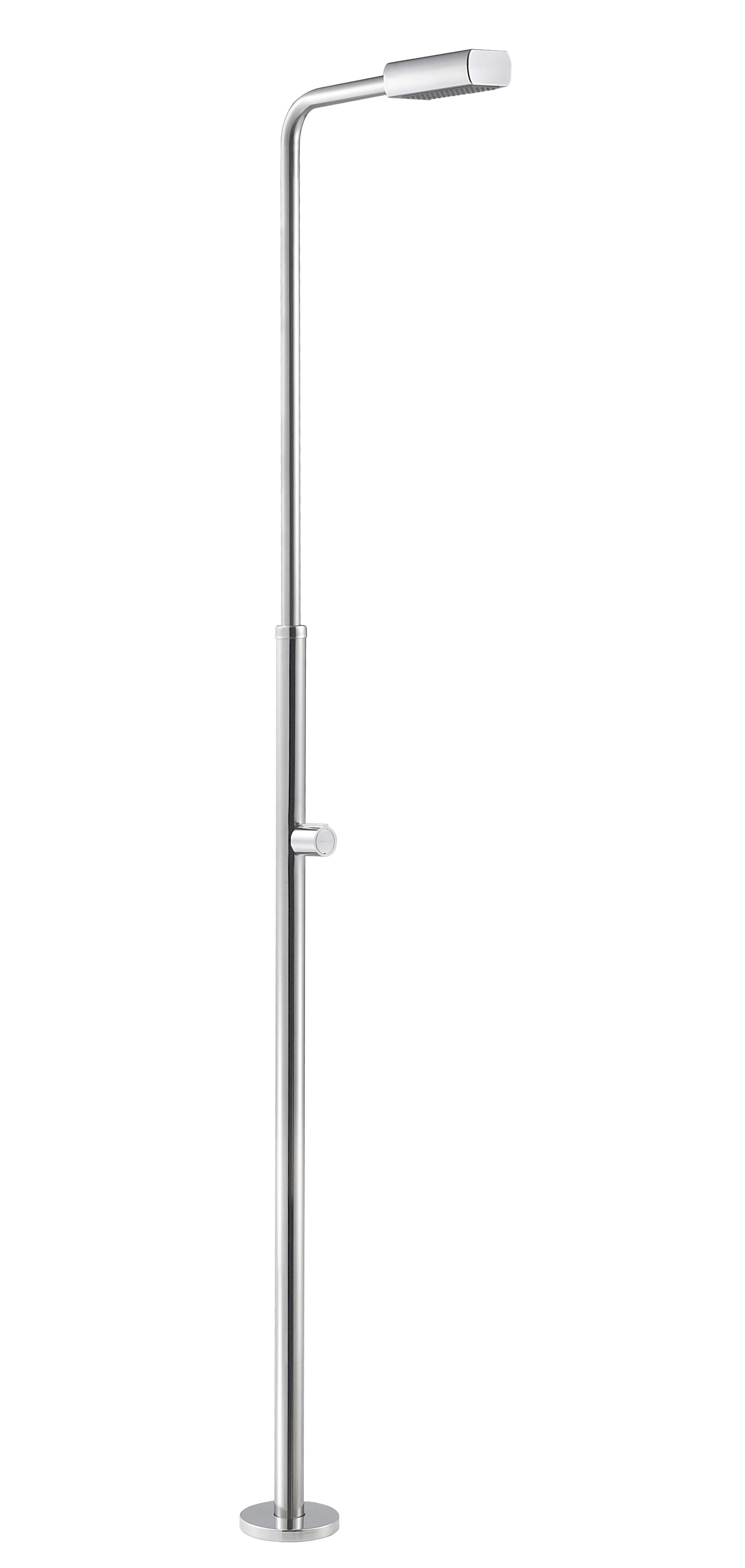 Kaltwasserdusche Angel aus glänzendem Edelstahl mit schlankem Design und rechteckigem Duschkopf.