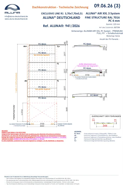 Aluna Exclusive Line R1 Flache Poolüberdachung 3,70 × 7,70 × 0,51 m – technische Zeichnung