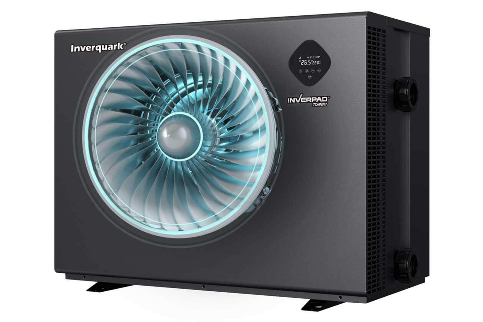 Detailansicht der Inverquark Mr. Perfect Poolwärmepumpe mit beleuchtetem Lüfter und Display