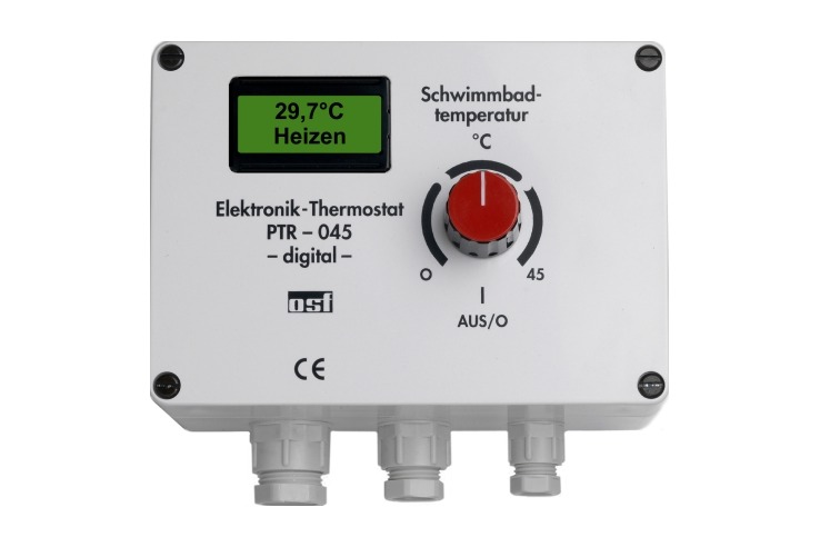 Digitale Temperatur-Regelung PTR-045 mit Display, das 28,4°C und "Heizen" anzeigt, inklusive Sensor