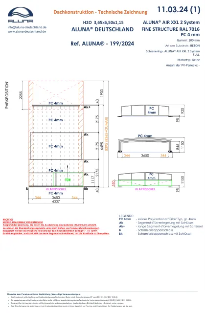 Aluna H2O Poolüberdachung 3,65 × 6,50 × 1,15 m – technische Zeichnung