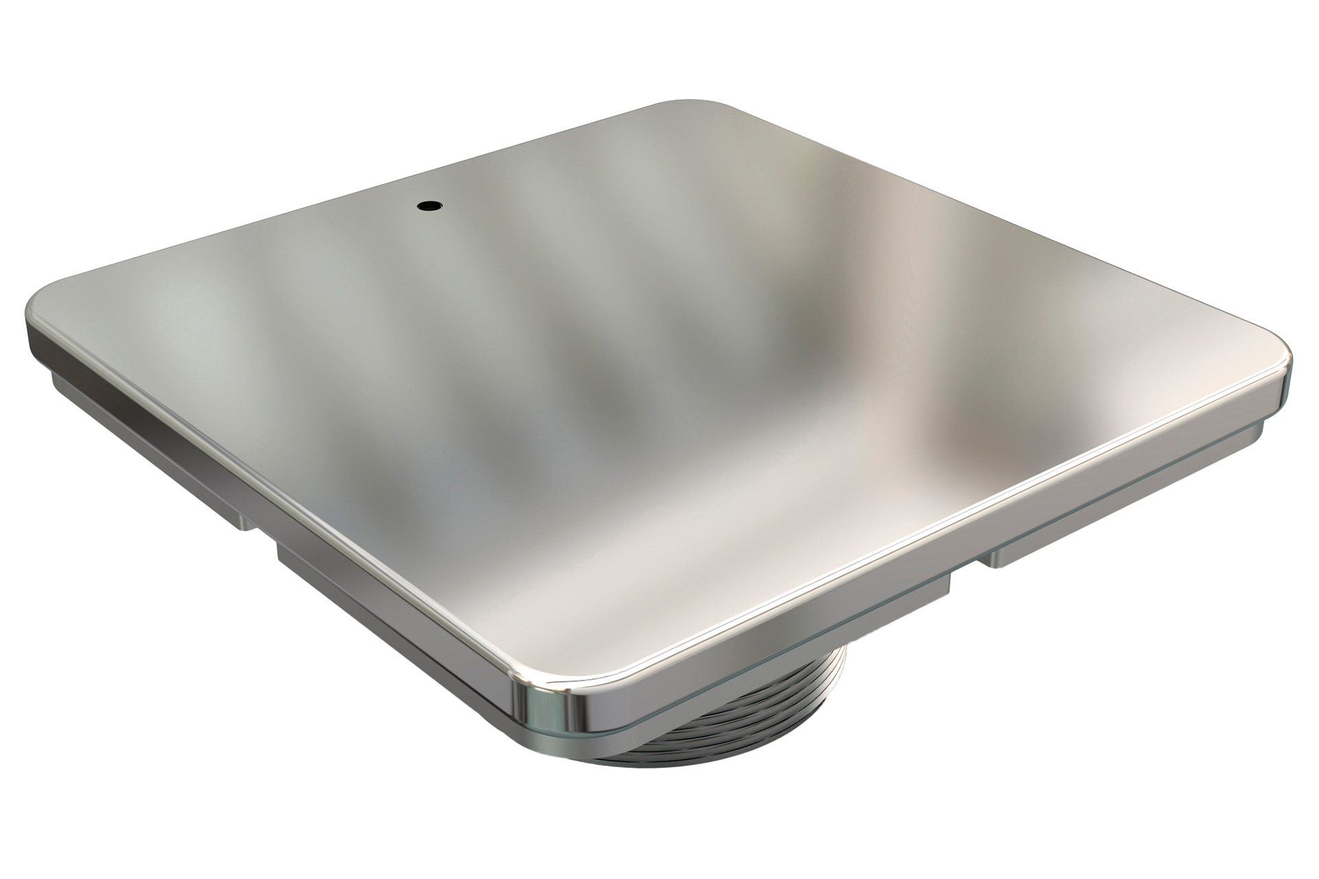 Sauganschluss Pool Edelstahl V4A, eckiges Modell, von oben schräg fotografiert auf weißem Hintergrund