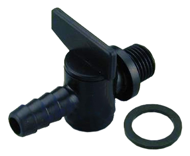 Schwarzer Ablasshahn mit Hebel, Gewindeanschluss und Schlauchtülle, inklusive Dichtung.